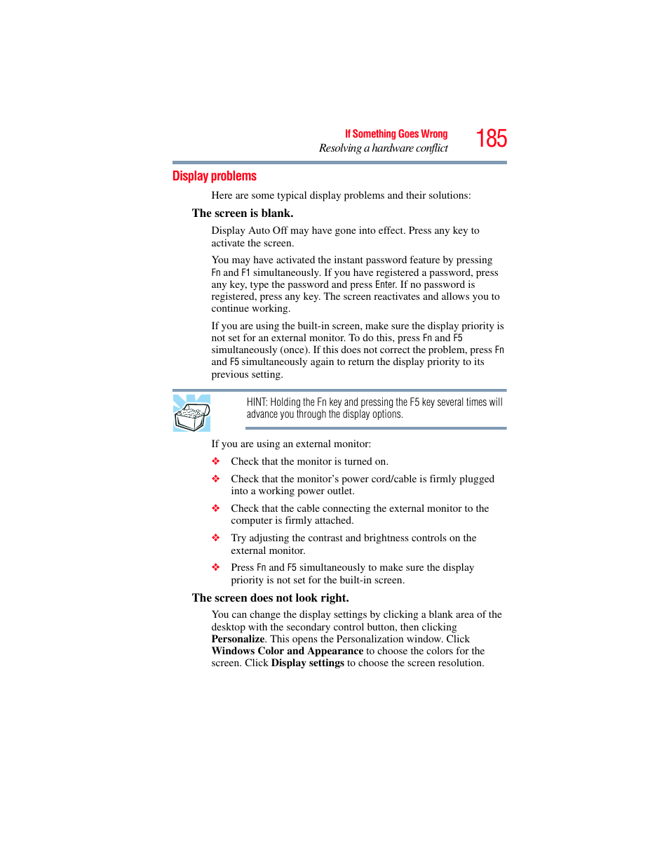 Display problems | Toshiba A200 User Manual | Page 185 / 244