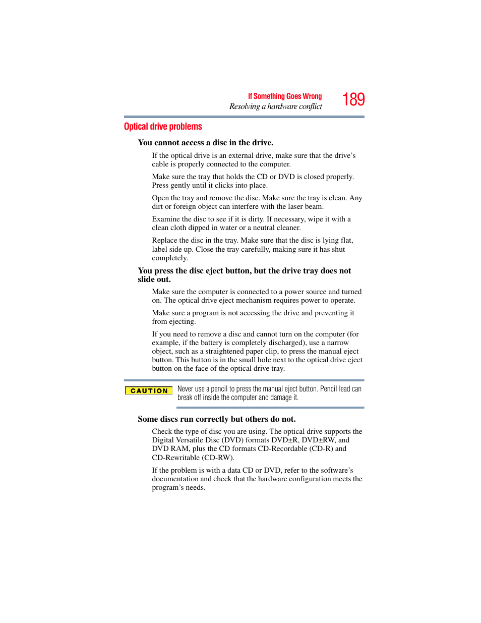 Optical drive problems | Toshiba A200 User Manual | Page 189 / 244