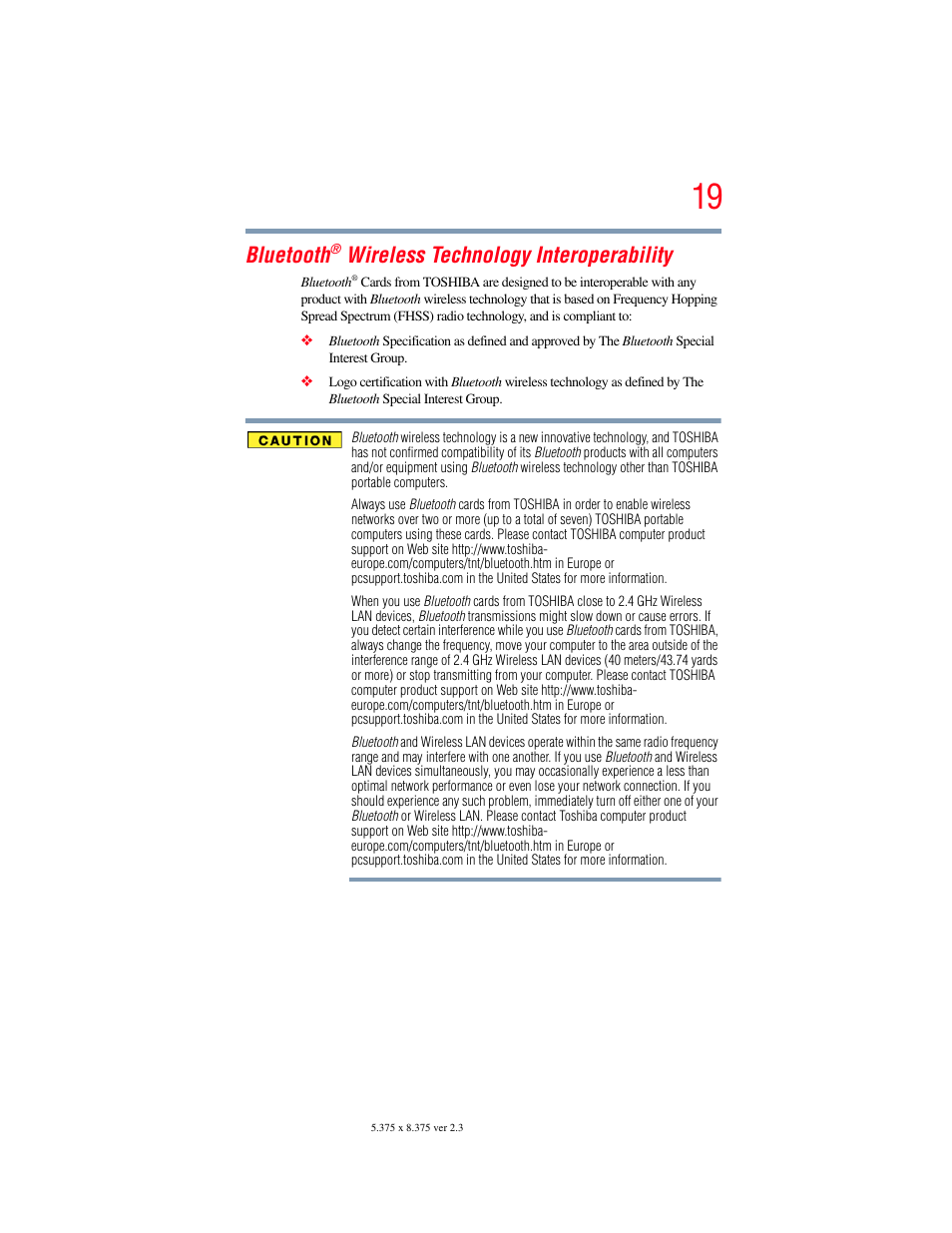 Bluetooth, Wireless technology interoperability | Toshiba A200 User Manual | Page 19 / 244