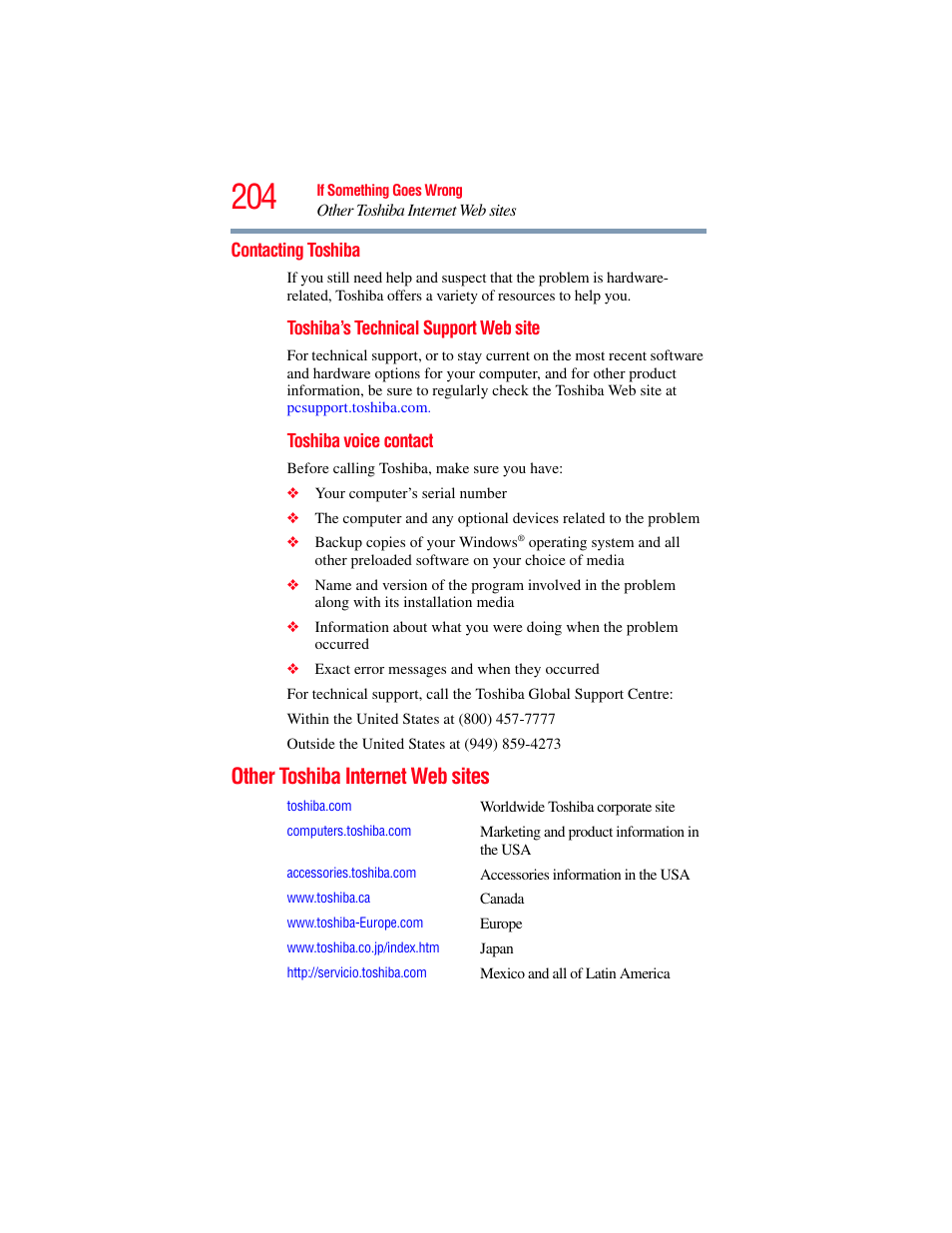 Contacting toshiba, Other toshiba internet web sites | Toshiba A200 User Manual | Page 204 / 244