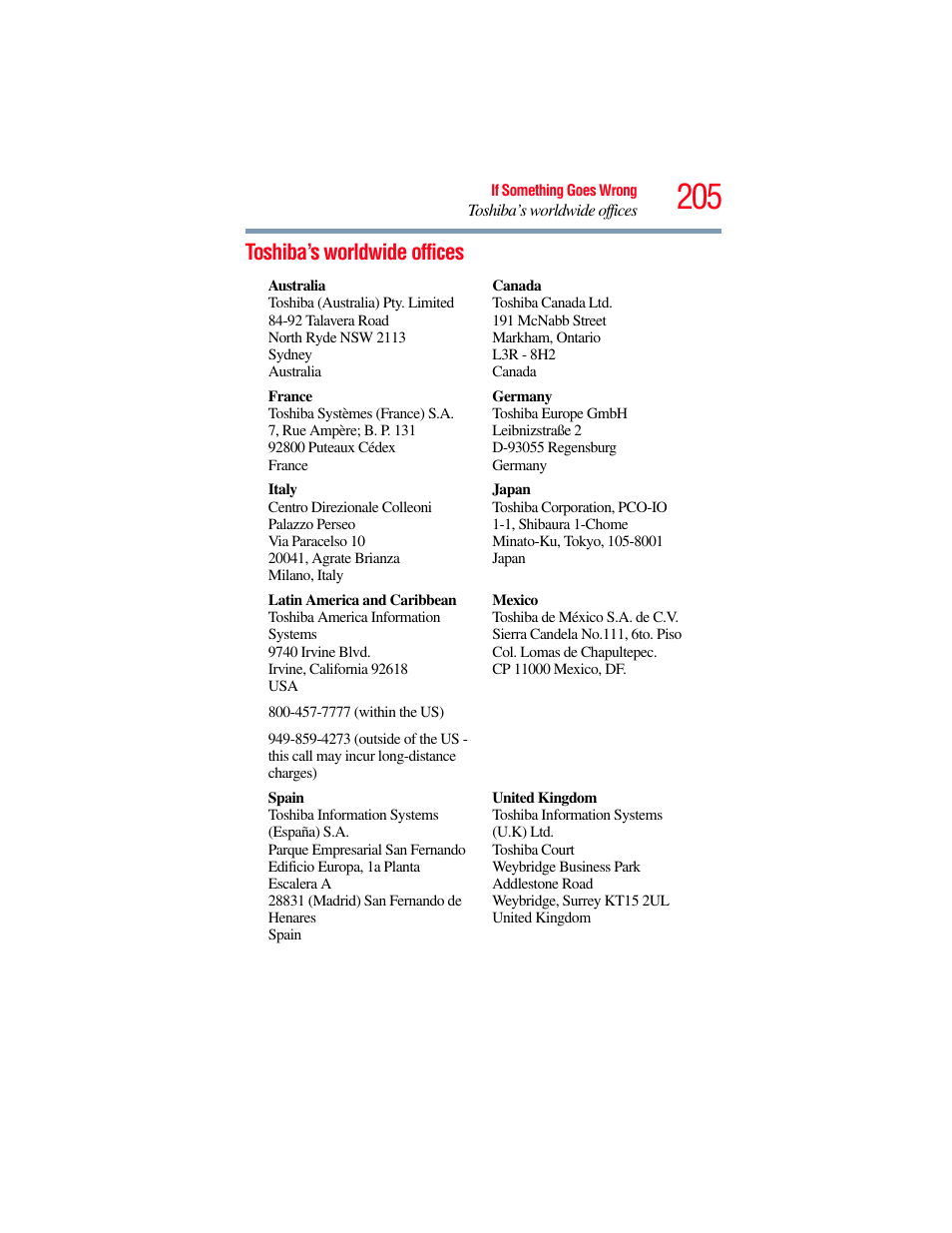 Toshiba’s worldwide offices | Toshiba A200 User Manual | Page 205 / 244