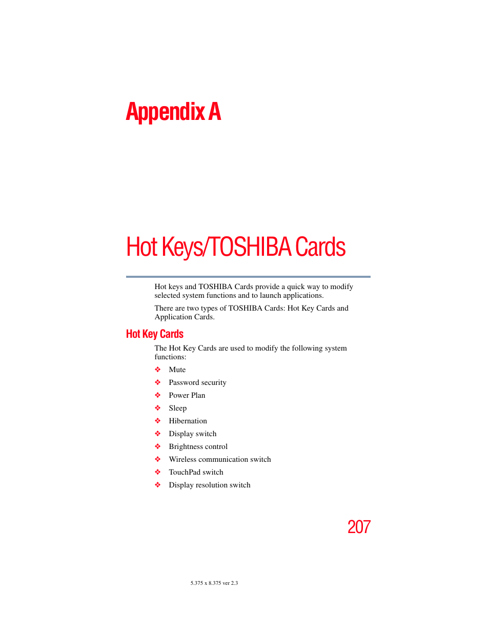 Appendix a: hot keys/toshiba cards, Hot key cards, Hot keys/toshiba cards | Appendix a | Toshiba A200 User Manual | Page 207 / 244