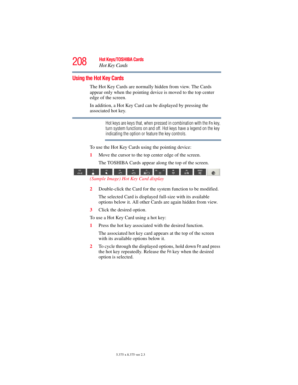 Using the hot key cards | Toshiba A200 User Manual | Page 208 / 244