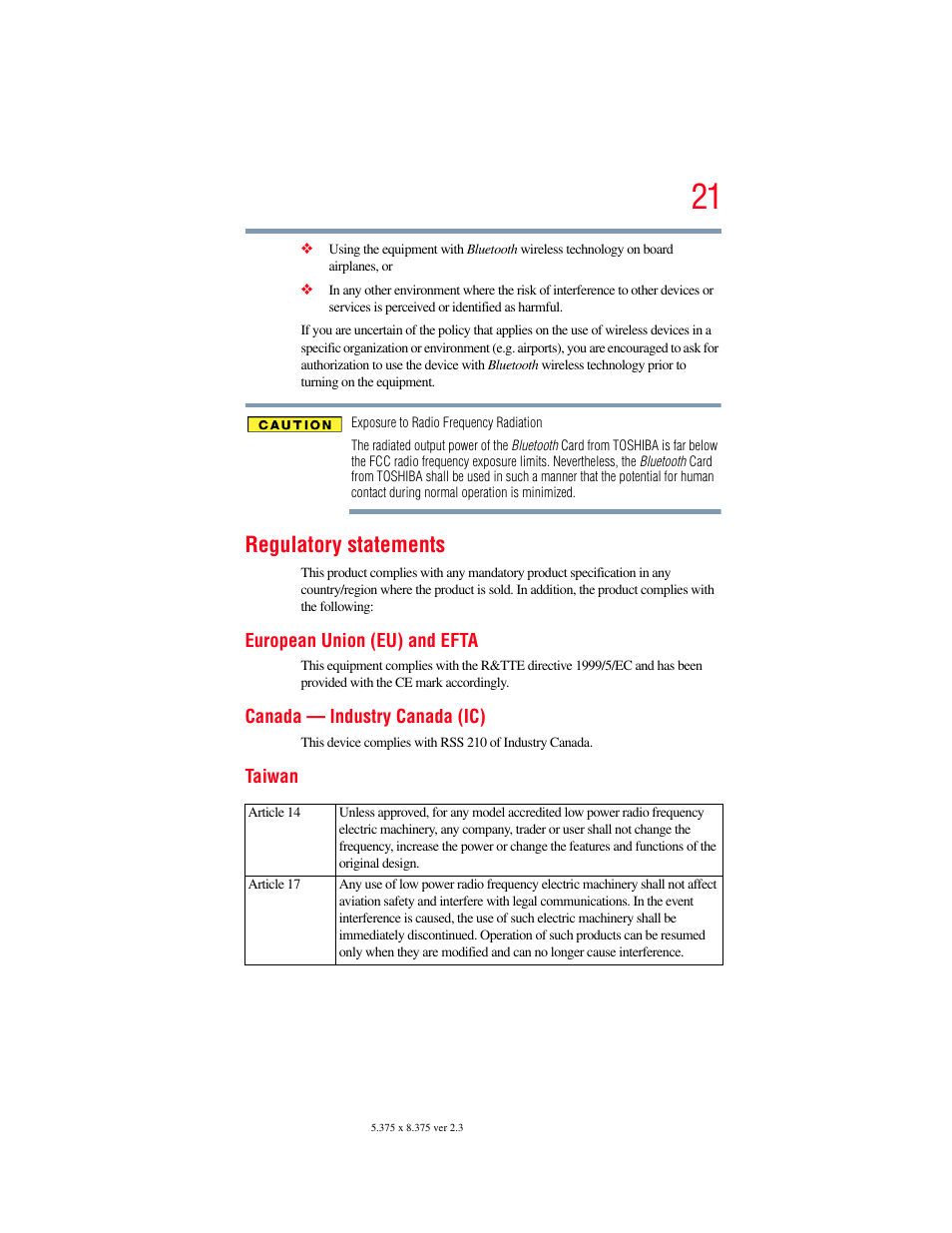 Regulatory statements | Toshiba A200 User Manual | Page 21 / 244