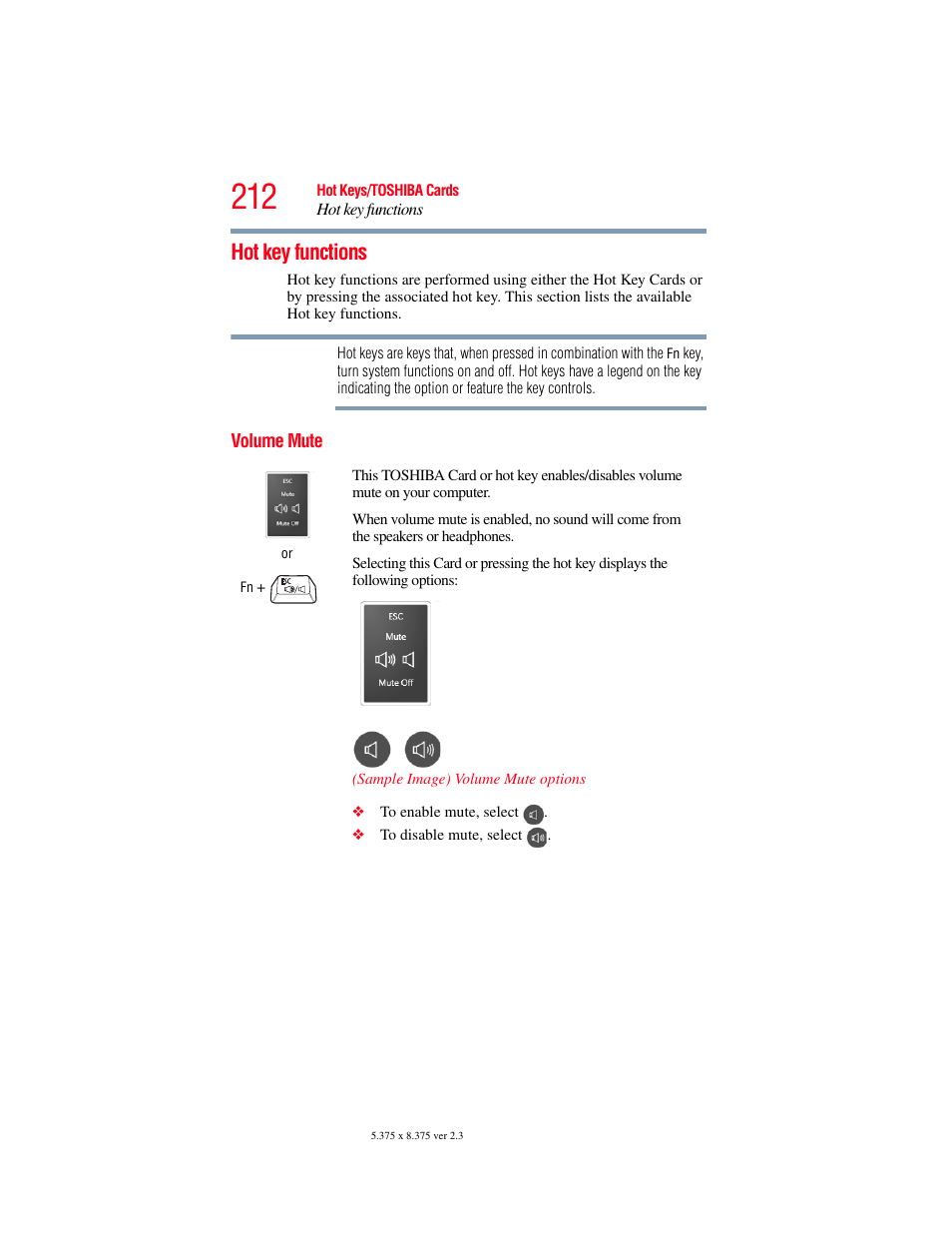 Hot key functions, Volume mute | Toshiba A200 User Manual | Page 212 / 244