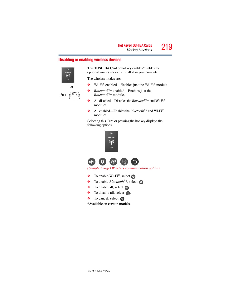 Disabling or enabling wireless devices | Toshiba A200 User Manual | Page 219 / 244