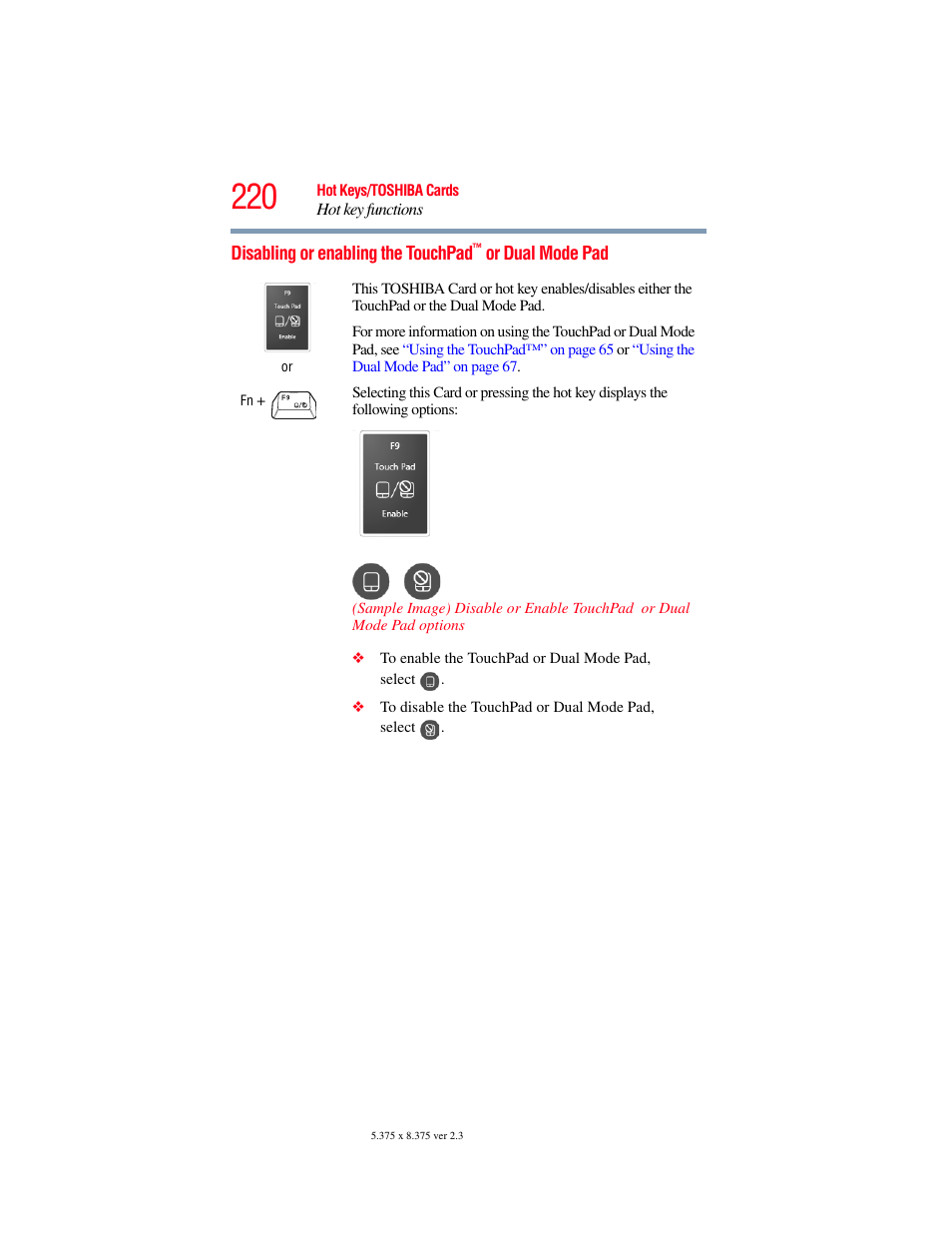 Disabling or enabling the touchpad, Disabling or enabling the, Touchpad | Toshiba A200 User Manual | Page 220 / 244