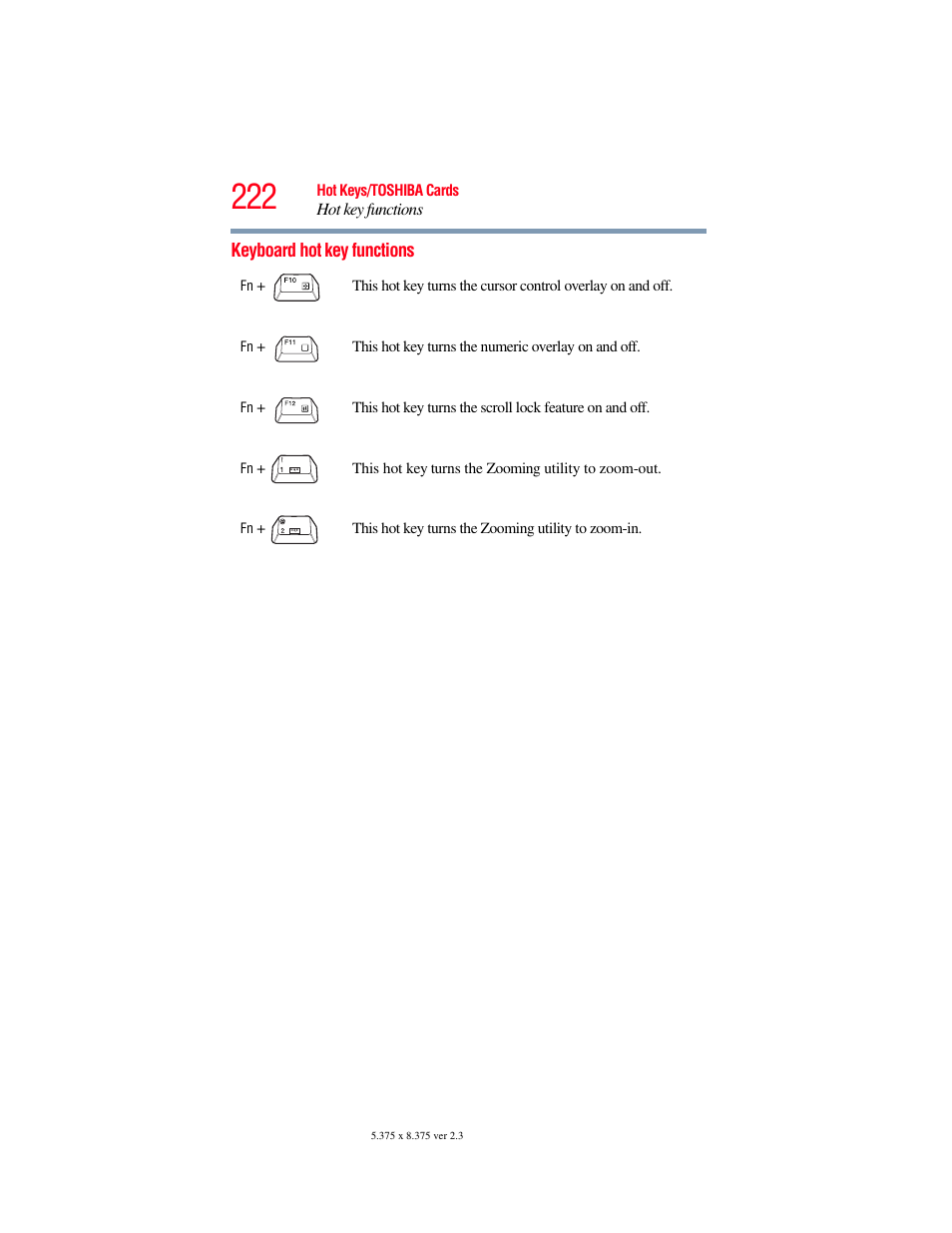 Keyboard hot key functions | Toshiba A200 User Manual | Page 222 / 244