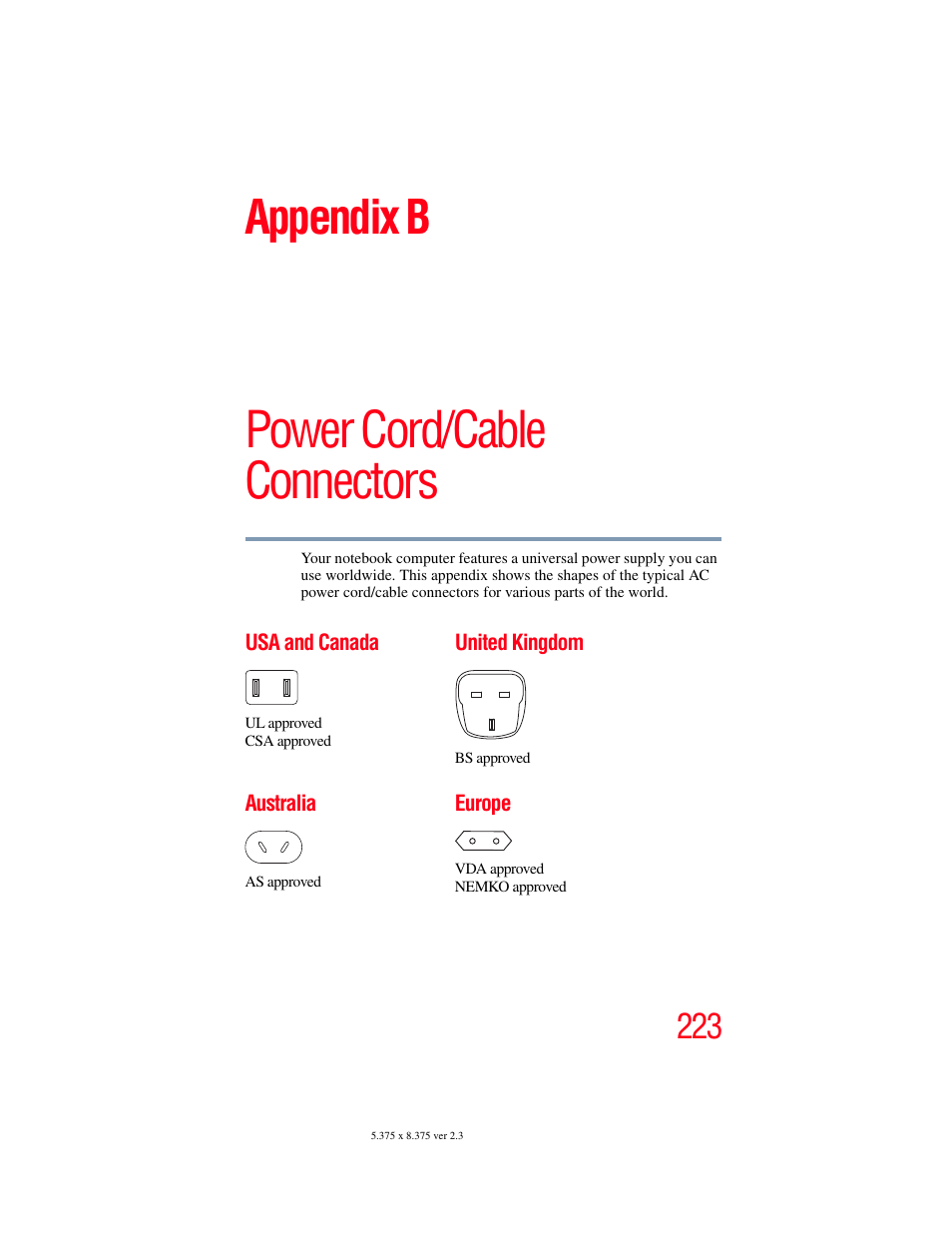 Appendix b: power cord/cable connectors, Power cord/cable connectors, Appendix b | Toshiba A200 User Manual | Page 223 / 244