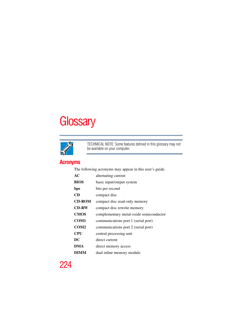 Glossary, Acronyms | Toshiba A200 User Manual | Page 224 / 244
