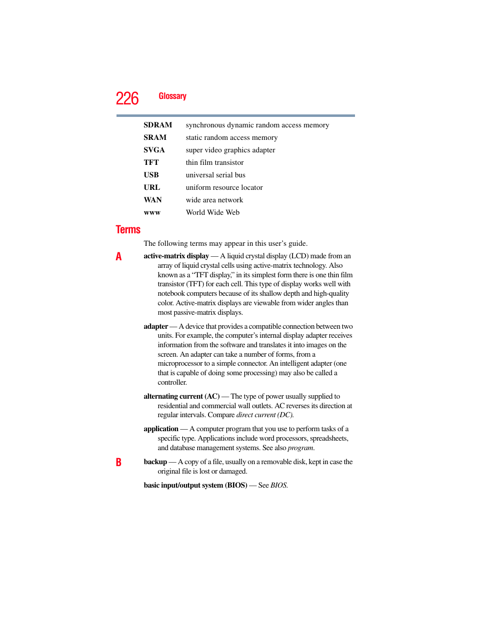 Terms | Toshiba A200 User Manual | Page 226 / 244