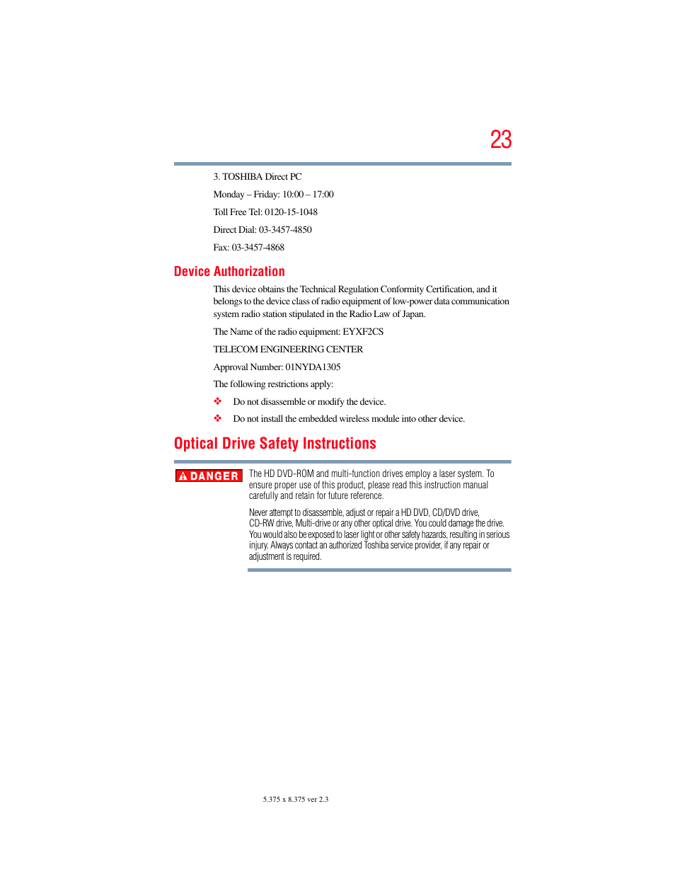 Optical drive safety instructions | Toshiba A200 User Manual | Page 23 / 244