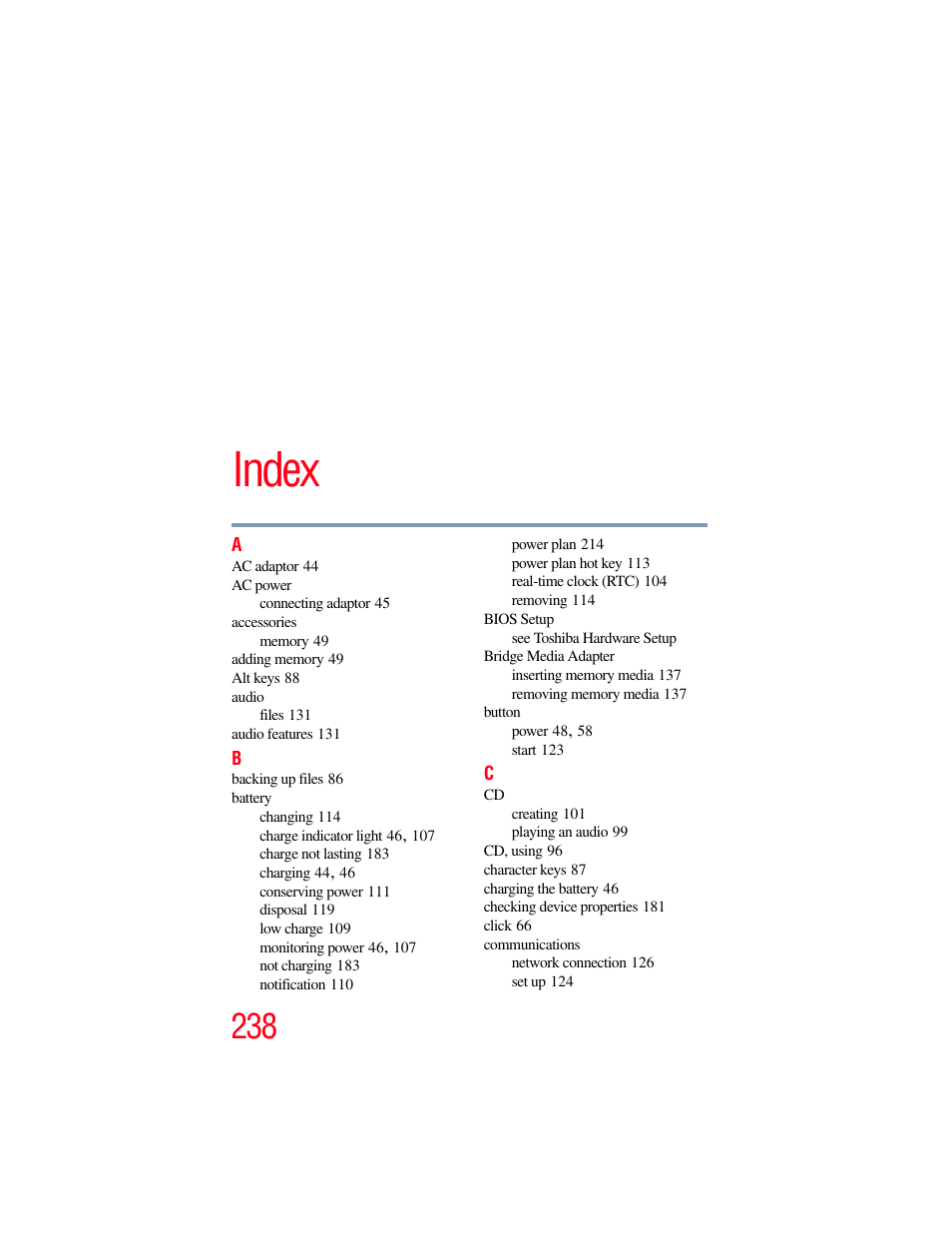 Index | Toshiba A200 User Manual | Page 238 / 244