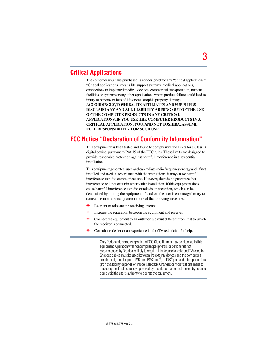 Critical applications, Fcc notice “declaration of conformity information | Toshiba A200 User Manual | Page 3 / 244