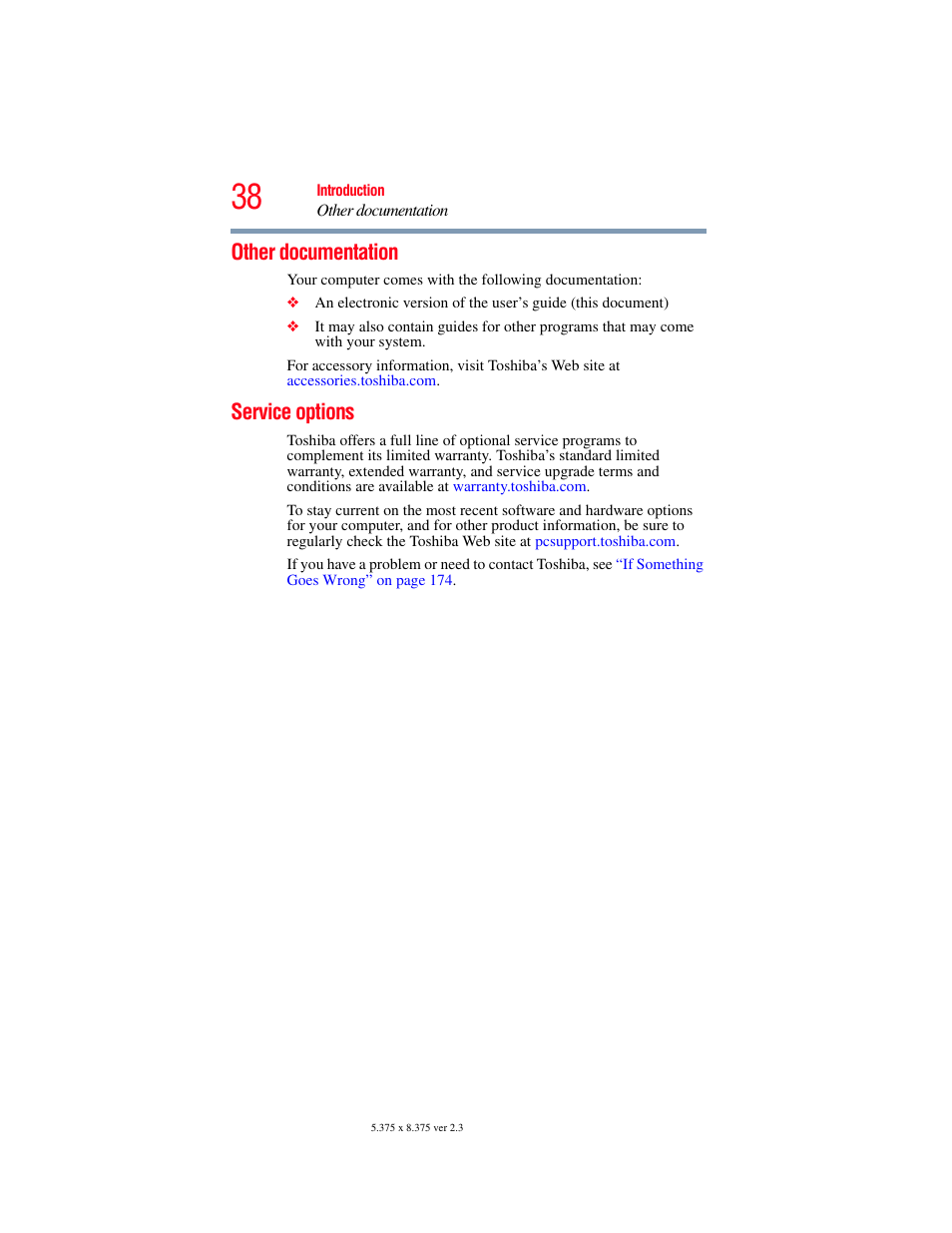 Other documentation, Service options, Other documentation service options | Toshiba A200 User Manual | Page 38 / 244