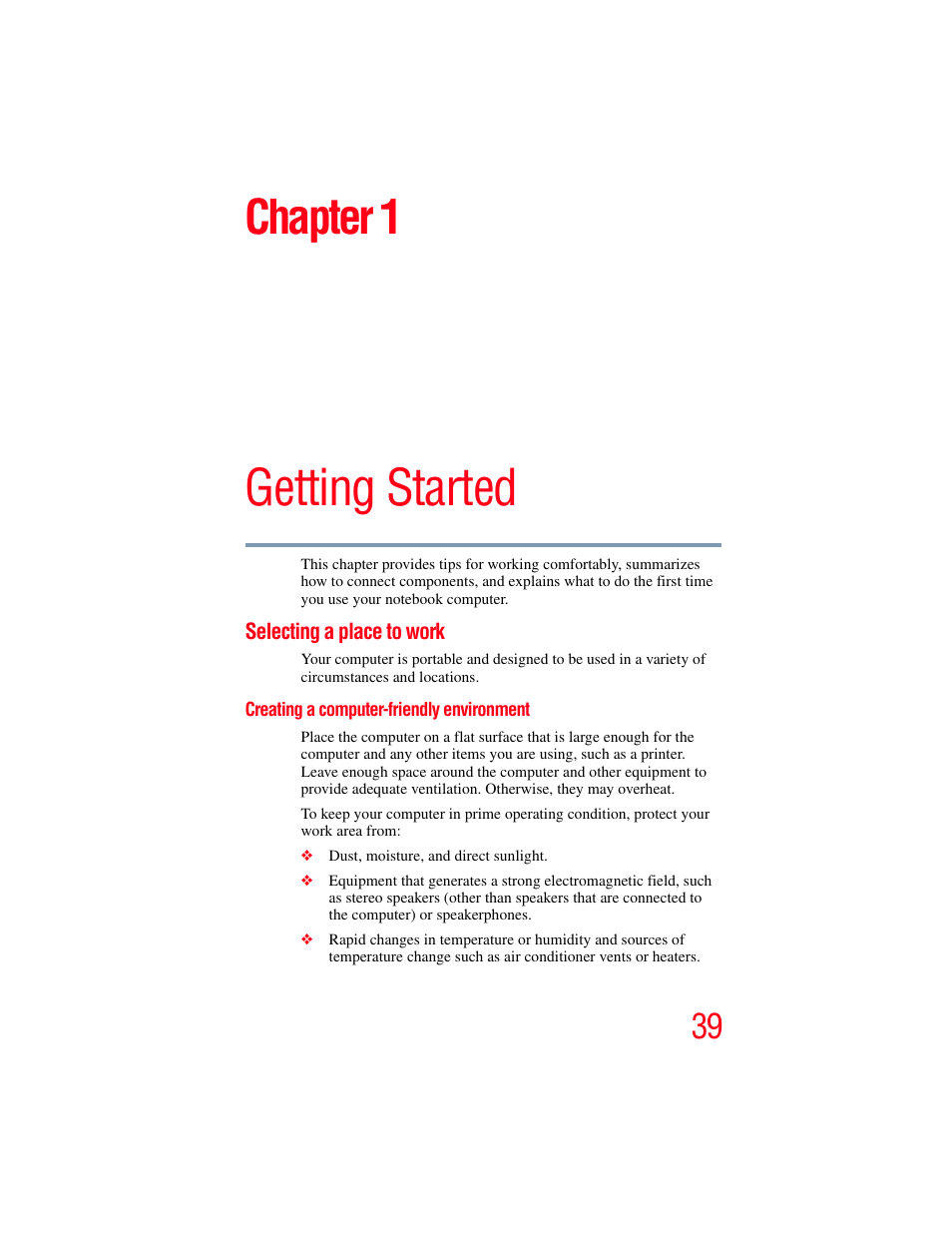 Chapter 1: getting started, Selecting a place to work, Creating a computer-friendly environment | Getting started, Chapter 1 | Toshiba A200 User Manual | Page 39 / 244