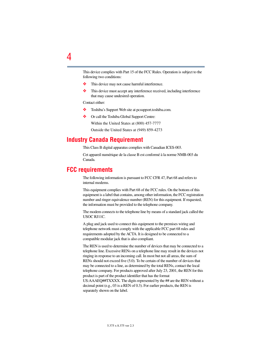 Industry canada requirement, Fcc requirements | Toshiba A200 User Manual | Page 4 / 244