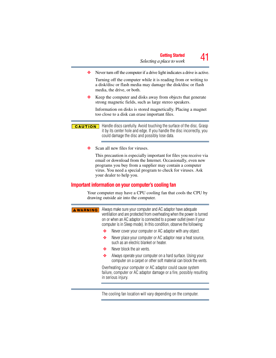 Important information on your computer’s, Cooling fan | Toshiba A200 User Manual | Page 41 / 244