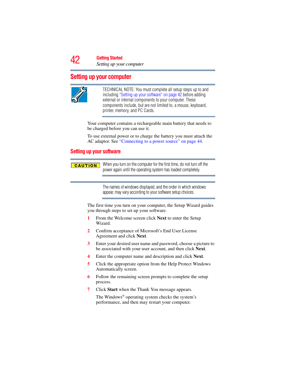 Setting up your computer, Setting up your software | Toshiba A200 User Manual | Page 42 / 244