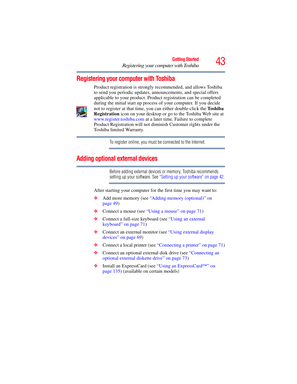 Registering your computer with toshiba, Adding optional external devices | Toshiba A200 User Manual | Page 43 / 244