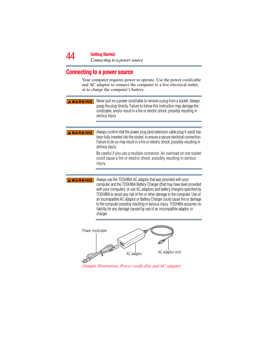 Connecting to a power source | Toshiba A200 User Manual | Page 44 / 244