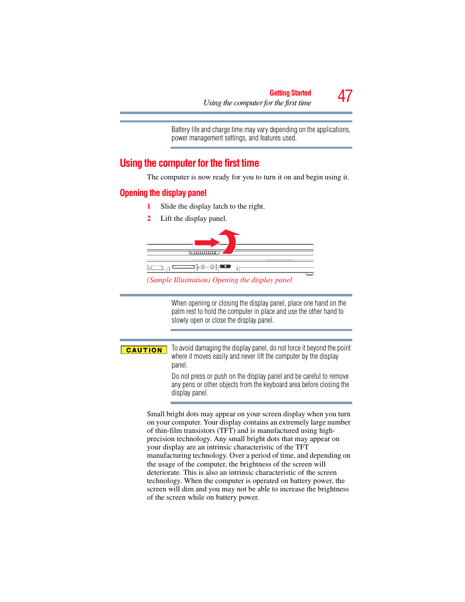 Using the computer for the first time, Opening the display panel | Toshiba A200 User Manual | Page 47 / 244