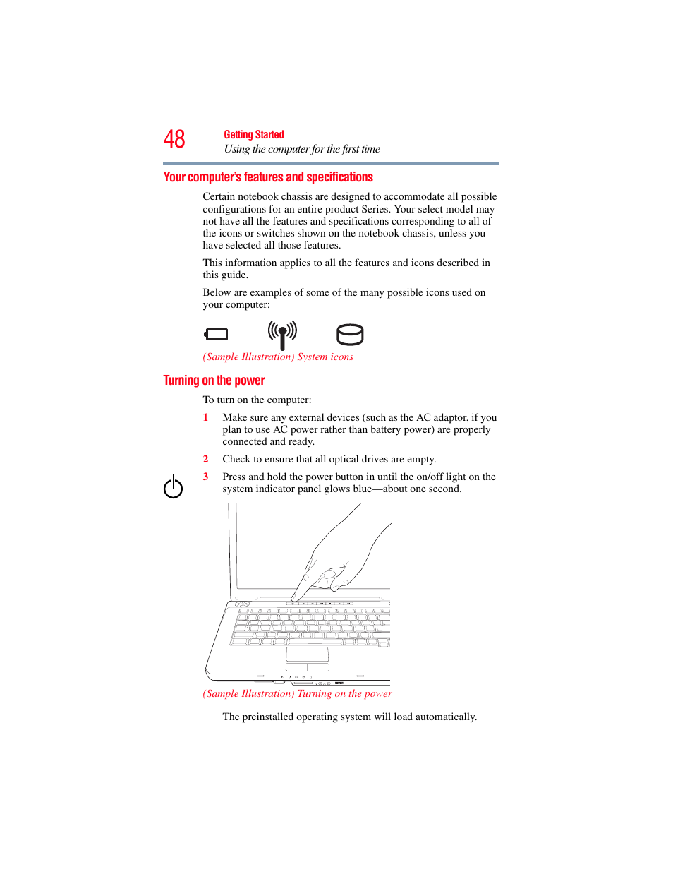 Your computer’s features and specifications, Turning on the power | Toshiba A200 User Manual | Page 48 / 244