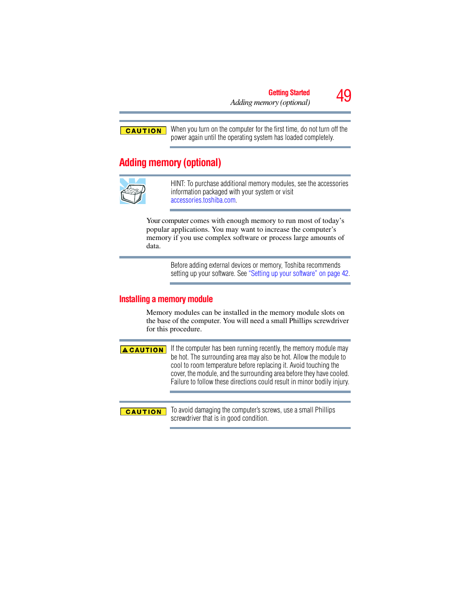 Adding memory (optional), Installing a memory module, Adding memory (optional)” on | Toshiba A200 User Manual | Page 49 / 244