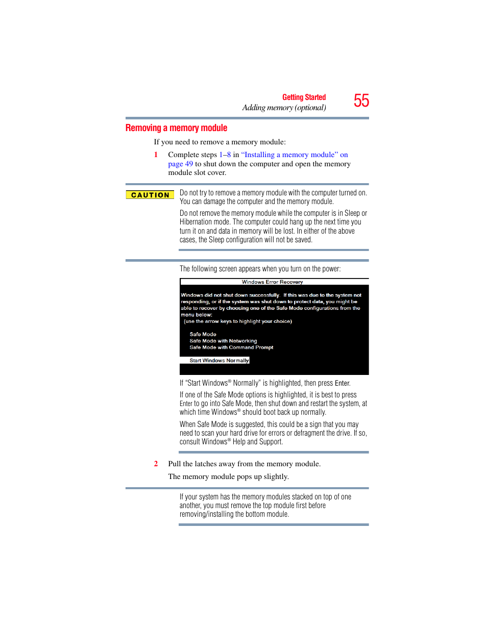 Removing a memory module | Toshiba A200 User Manual | Page 55 / 244