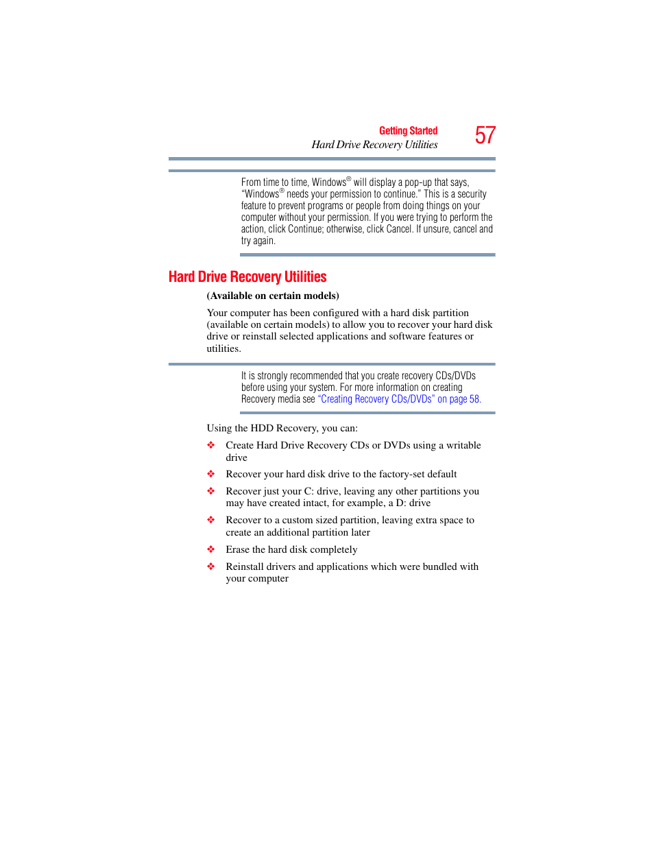 Hard drive recovery utilities | Toshiba A200 User Manual | Page 57 / 244
