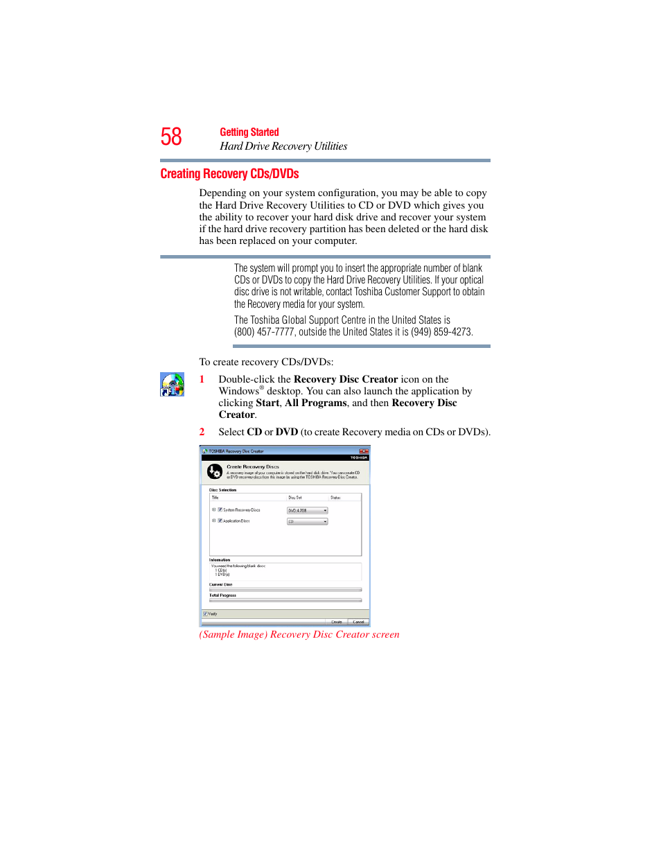 Creating recovery cds/dvds | Toshiba A200 User Manual | Page 58 / 244