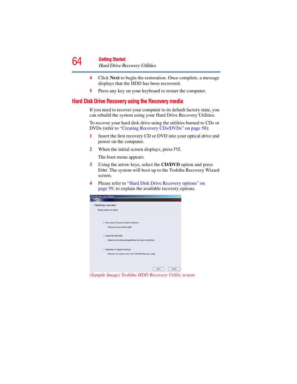 Hard disk drive recovery using the recovery media, Hard disk drive recovery using the recovery, Media | Toshiba A200 User Manual | Page 64 / 244
