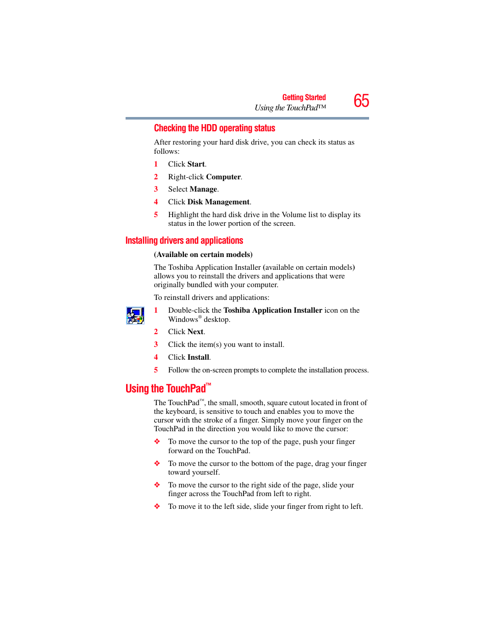Installing drivers and applications, Using the touchpad | Toshiba A200 User Manual | Page 65 / 244