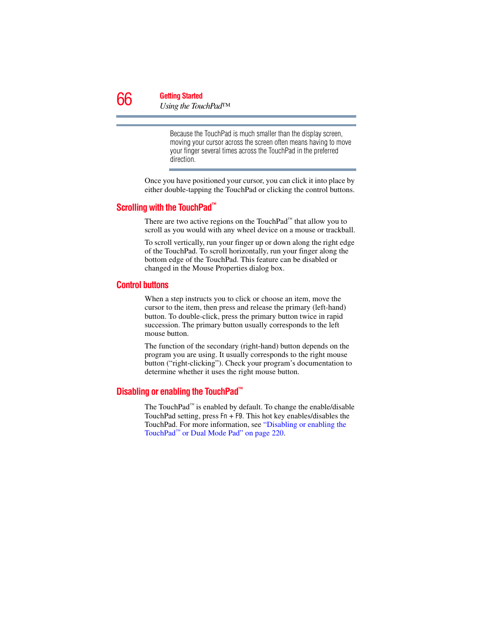 Scrolling with the touchpad, Control buttons, Disabling or enabling the touchpad | Toshiba A200 User Manual | Page 66 / 244