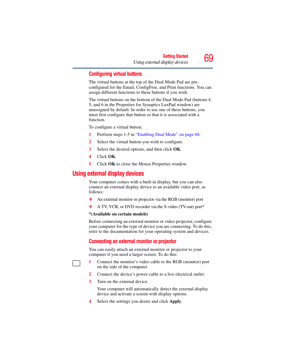 Using external display devices, Using external display | Toshiba A200 User Manual | Page 69 / 244