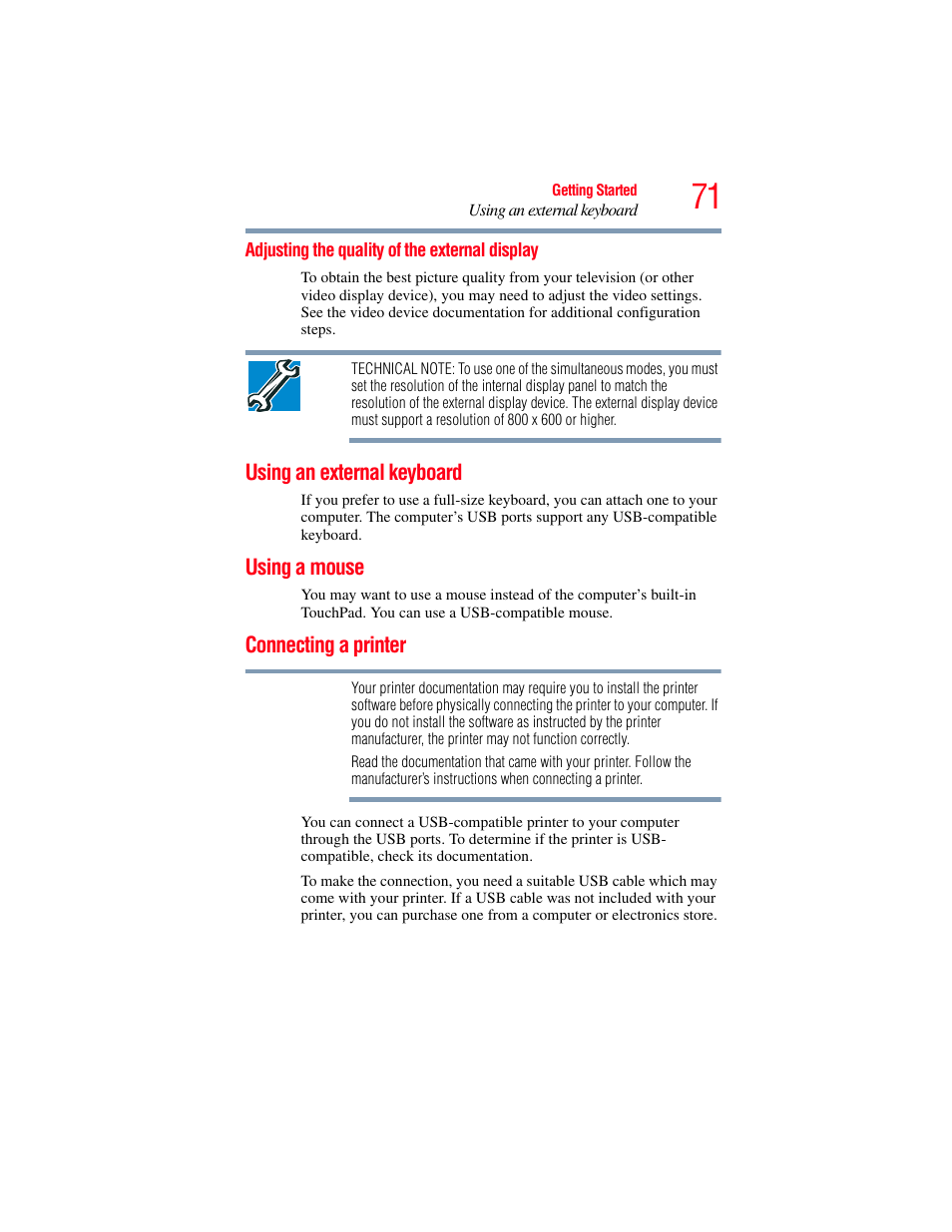 Adjusting the quality of the external display, Using an external keyboard, Using a mouse | Connecting a printer, Using an external | Toshiba A200 User Manual | Page 71 / 244