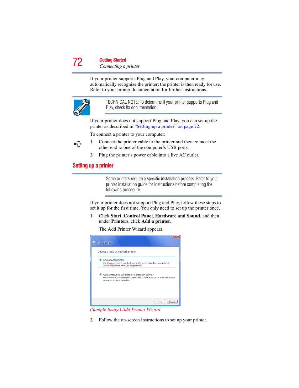 Setting up a printer | Toshiba A200 User Manual | Page 72 / 244