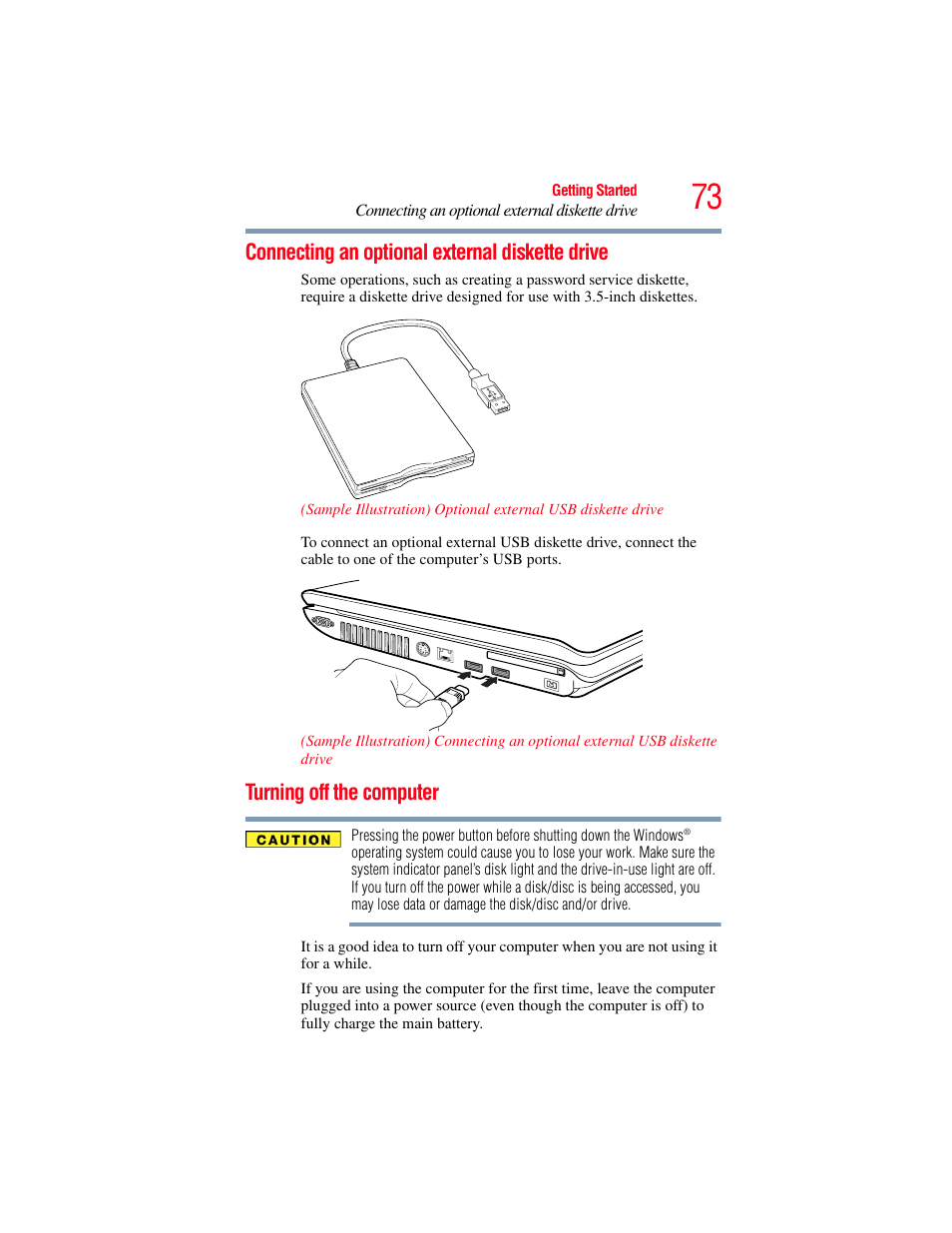 Connecting an optional external diskette drive, Turning off the computer, E (see | Connecting an | Toshiba A200 User Manual | Page 73 / 244