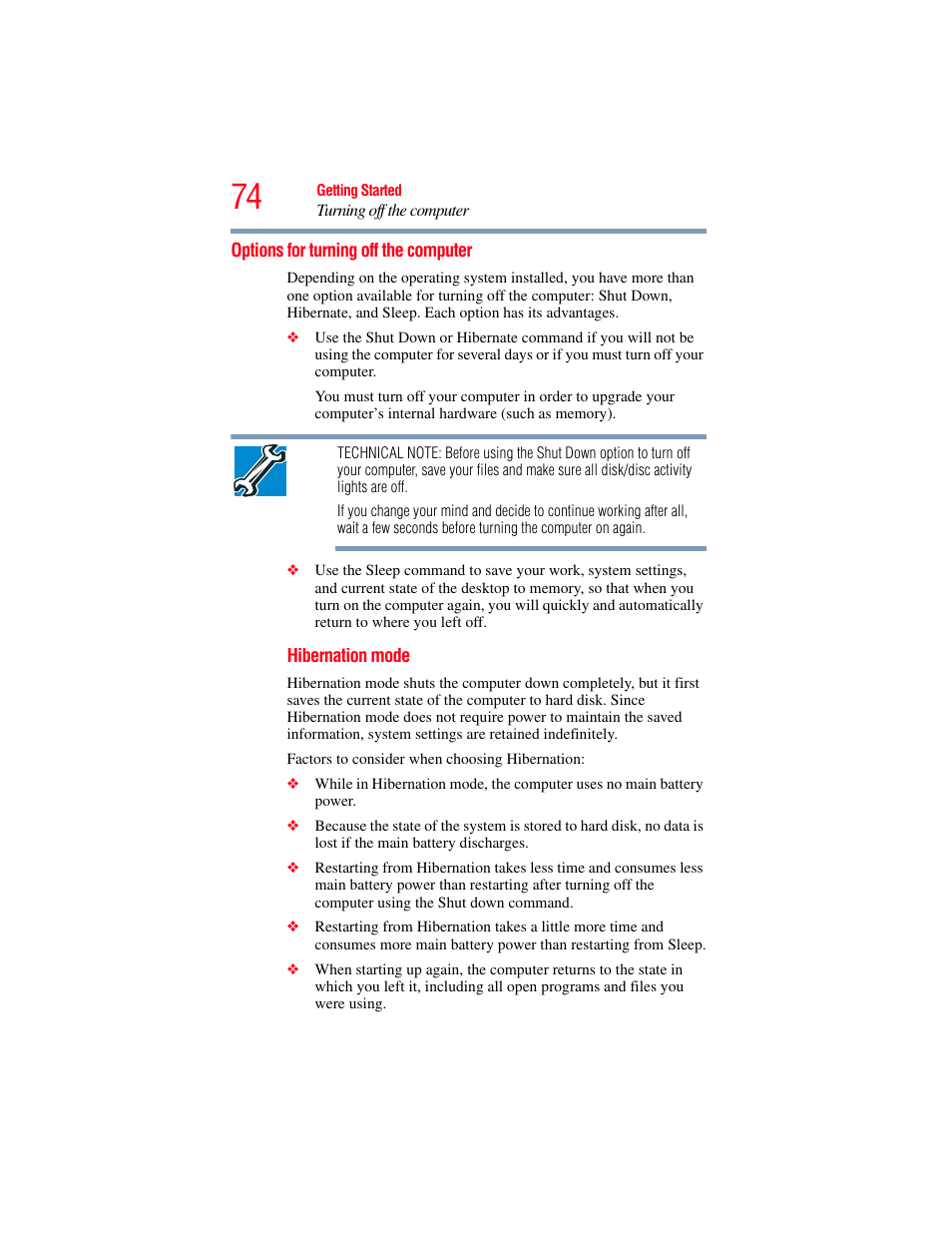 Options for turning off the computer | Toshiba A200 User Manual | Page 74 / 244