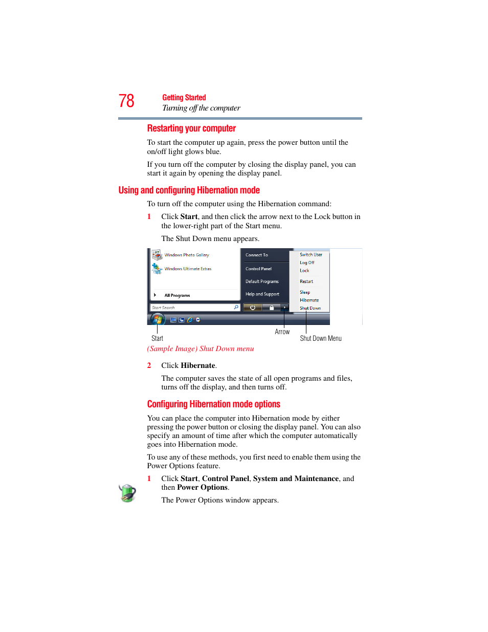 Using and configuring hibernation mode | Toshiba A200 User Manual | Page 78 / 244