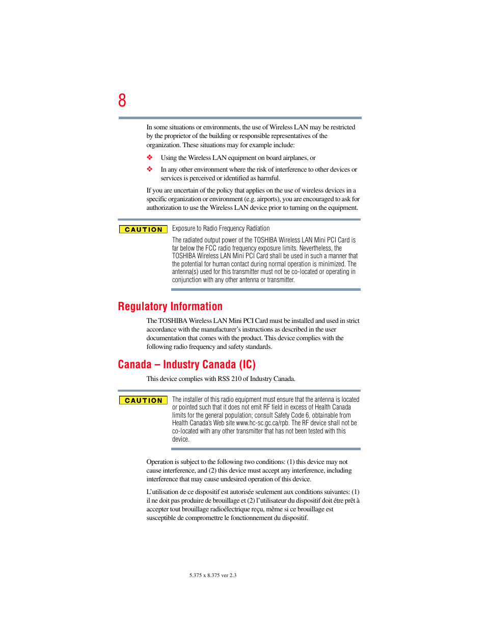 Regulatory information, Canada – industry canada (ic) | Toshiba A200 User Manual | Page 8 / 244