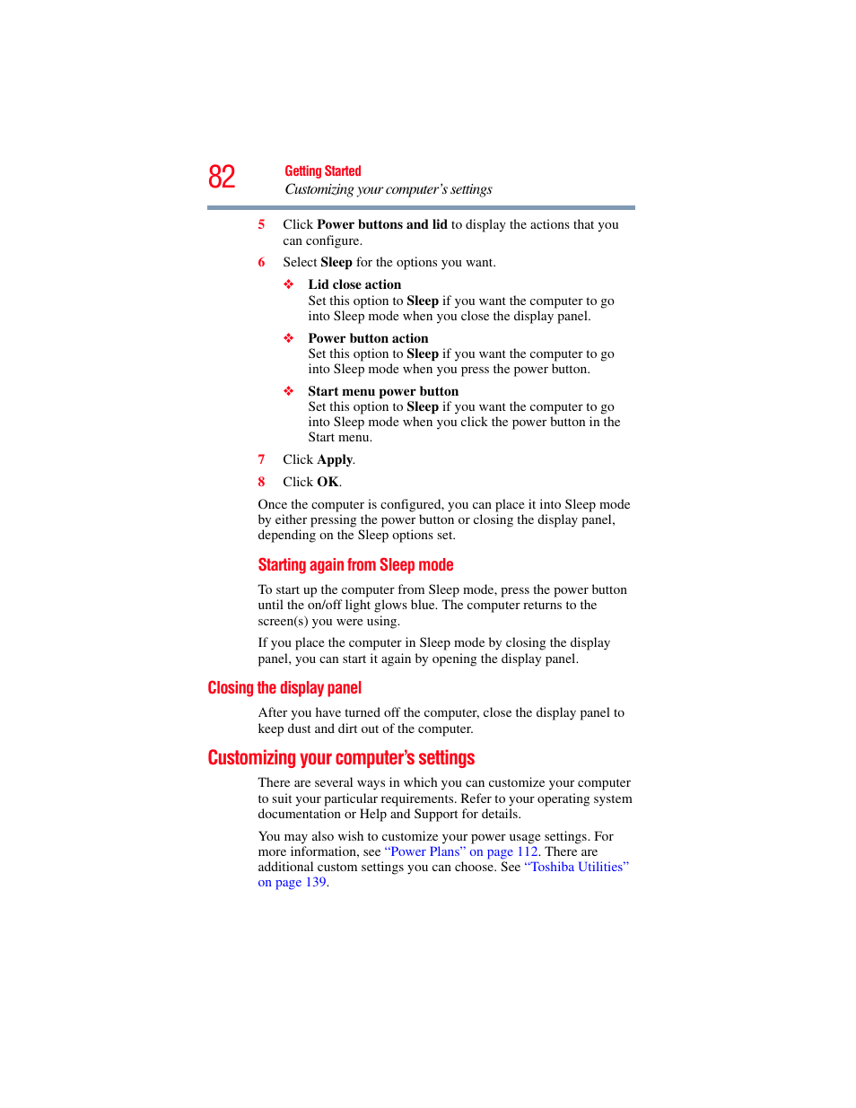 Closing the display panel, Customizing your computer’s settings | Toshiba A200 User Manual | Page 82 / 244