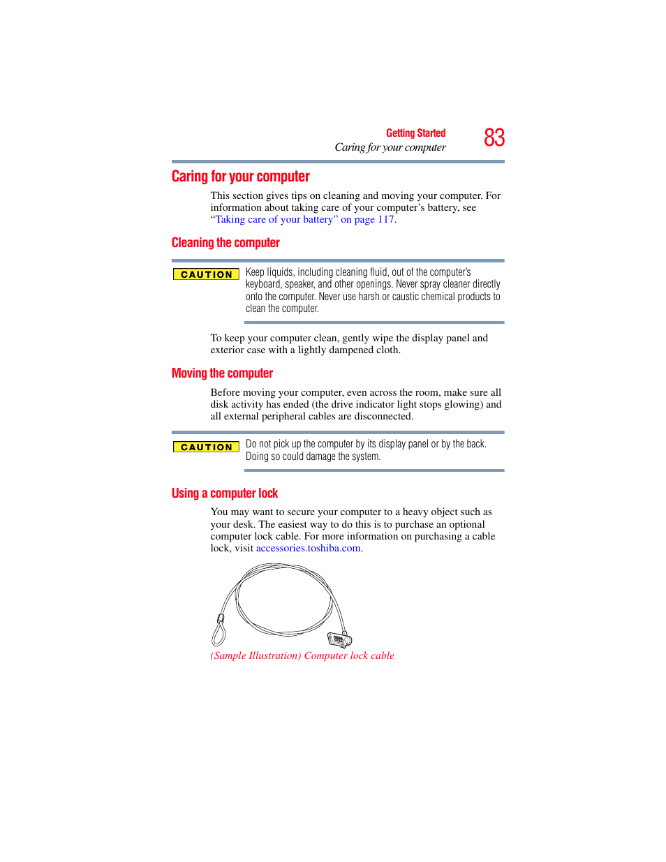 Caring for your computer, Cleaning the computer, Moving the computer | Using a computer lock | Toshiba A200 User Manual | Page 83 / 244