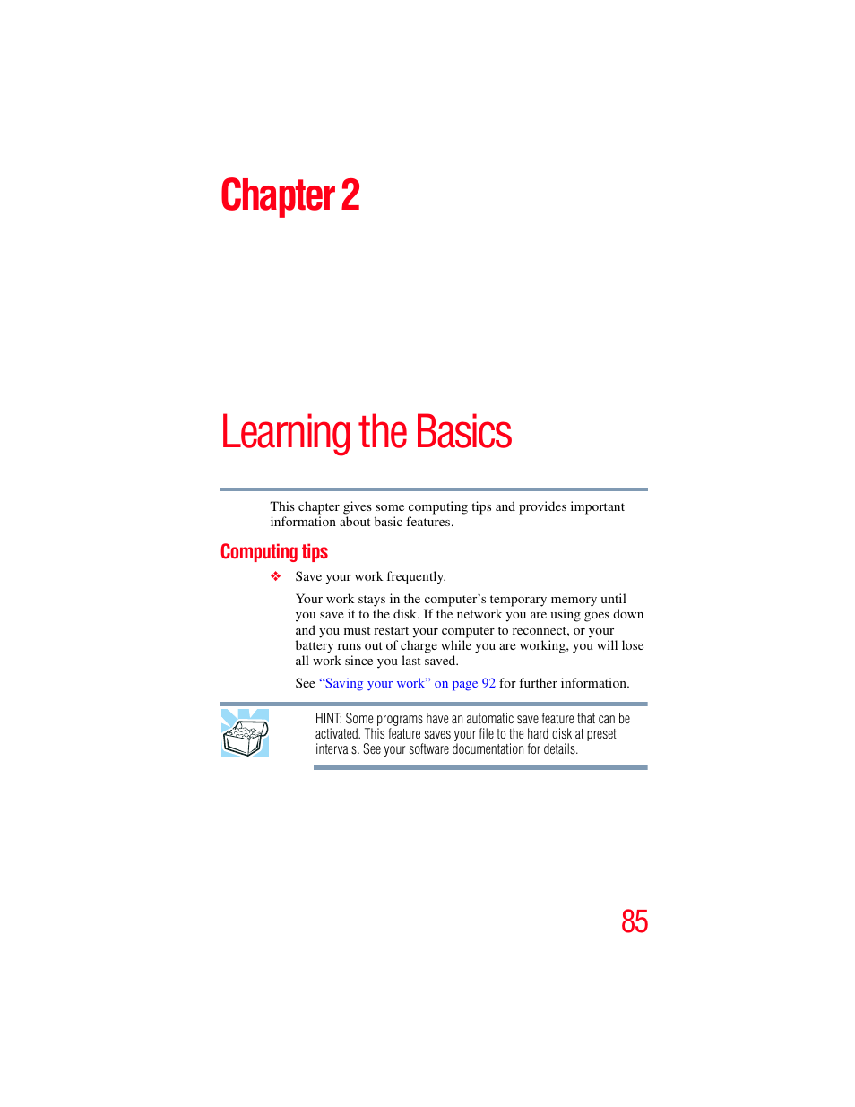 Chapter 2: learning the basics, Computing tips, Learning the basics | Chapter 2 | Toshiba A200 User Manual | Page 85 / 244