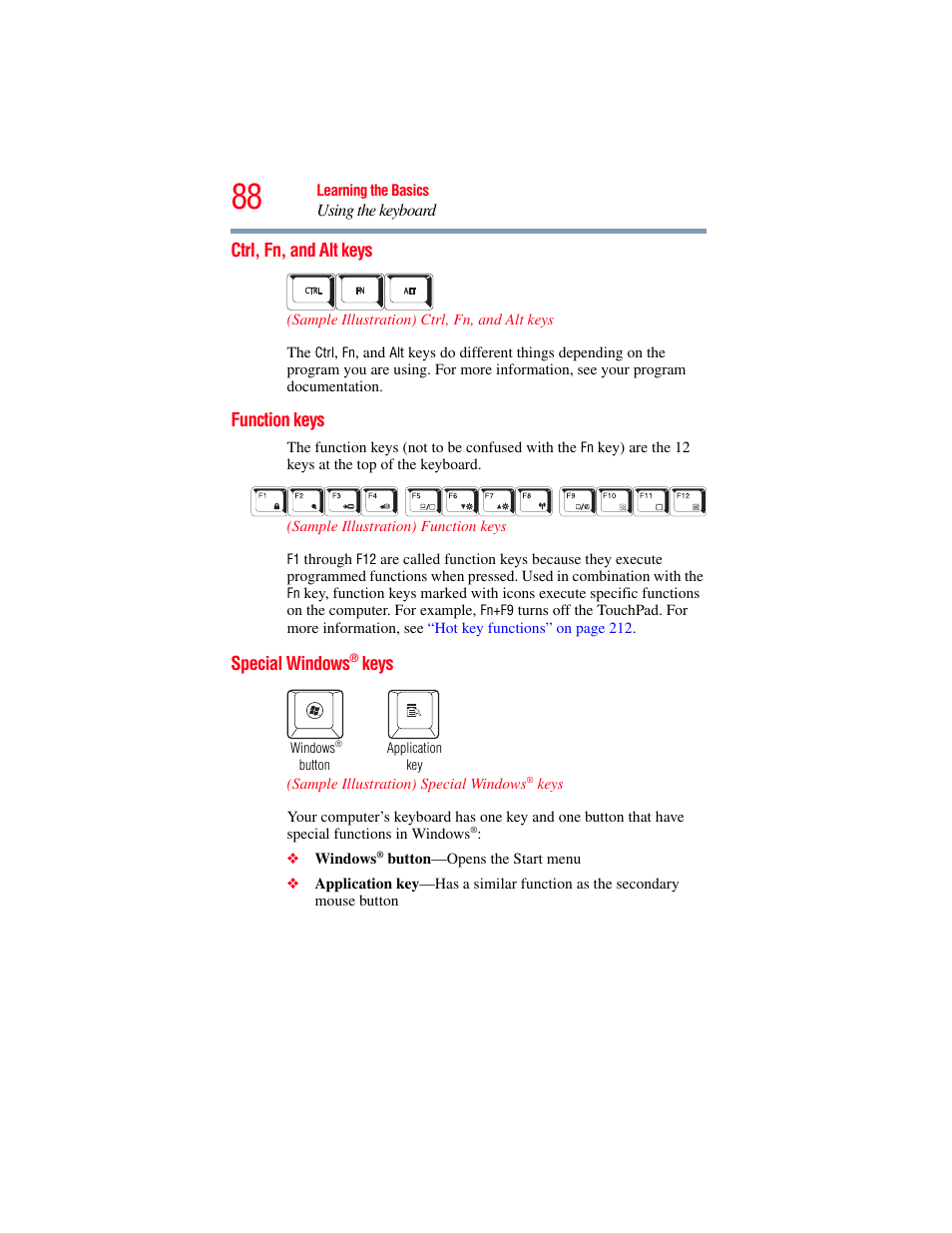 Ctrl, fn, and alt keys, Function keys, Special windows® keys | Toshiba A200 User Manual | Page 88 / 244