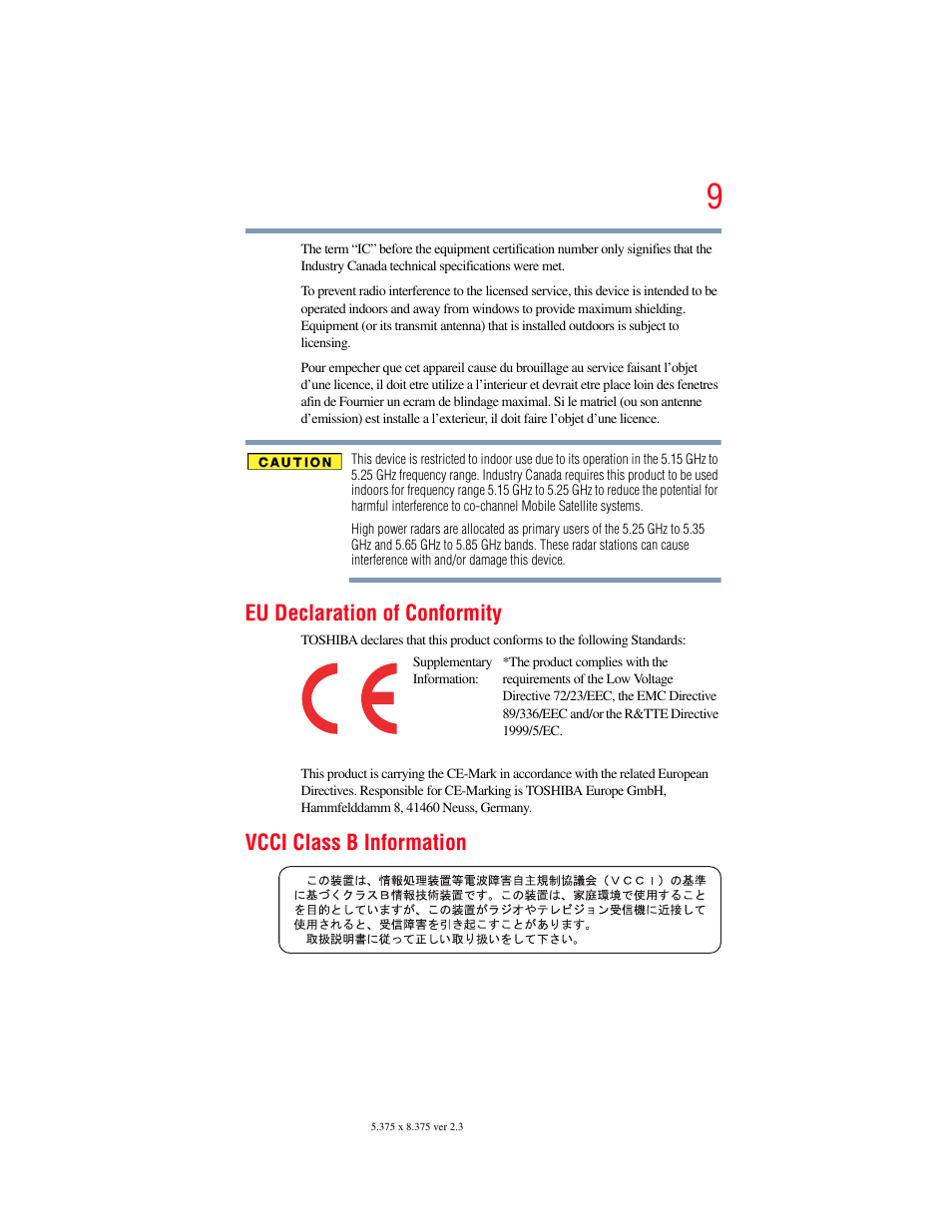 Eu declaration of conformity, Vcci class b information | Toshiba A200 User Manual | Page 9 / 244