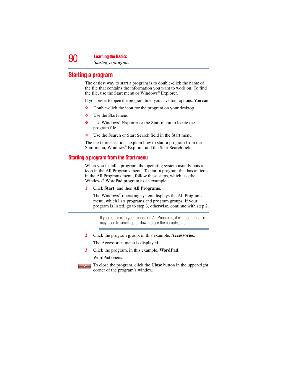 Starting a program, Starting a program from the start menu | Toshiba A200 User Manual | Page 90 / 244