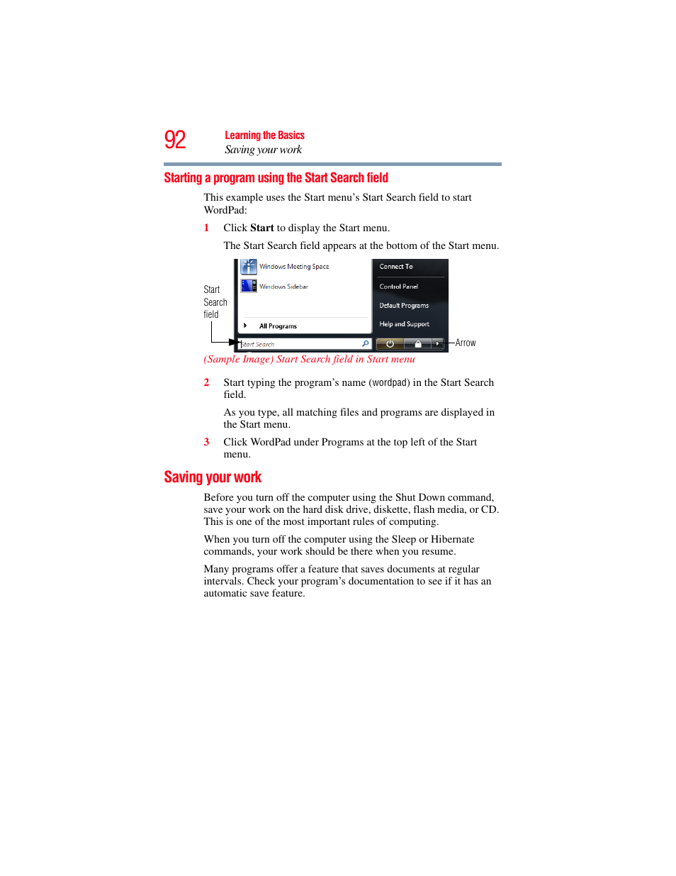 Starting a program using the start search field, Saving your work, Starting a program using the start | Search field | Toshiba A200 User Manual | Page 92 / 244