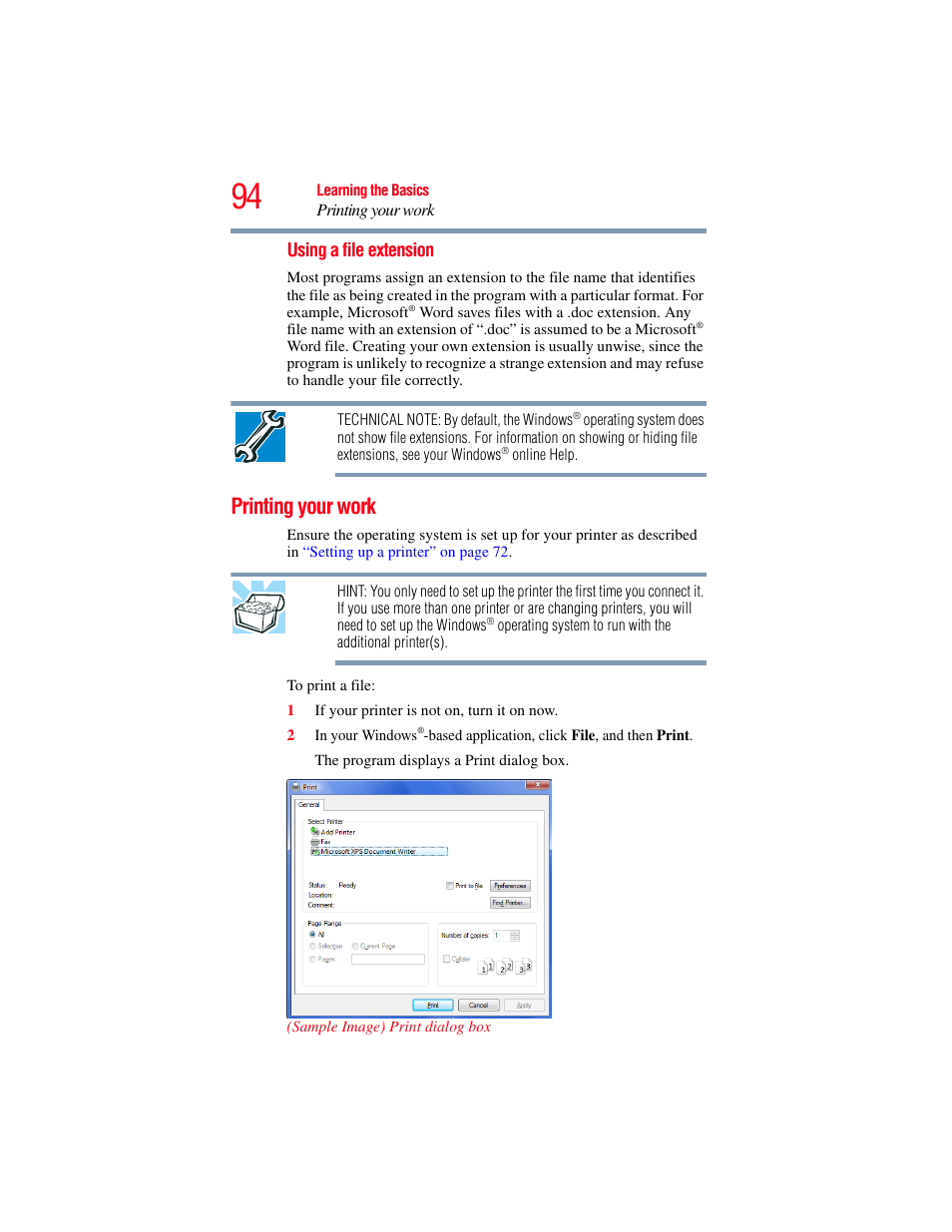Printing your work | Toshiba A200 User Manual | Page 94 / 244