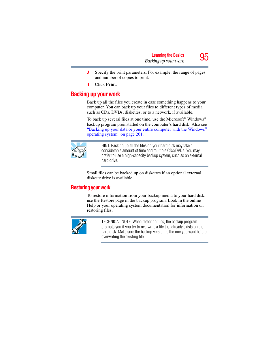 Backing up your work, Restoring your work | Toshiba A200 User Manual | Page 95 / 244
